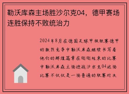 勒沃库森主场胜沙尔克04，德甲赛场连胜保持不败统治力