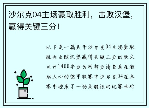 沙尔克04主场豪取胜利，击败汉堡，赢得关键三分！